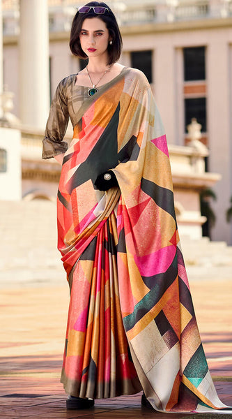 Pleasurable Multicolor Digital Printed Satin Silk Saree With Amiable Blouse Piece
