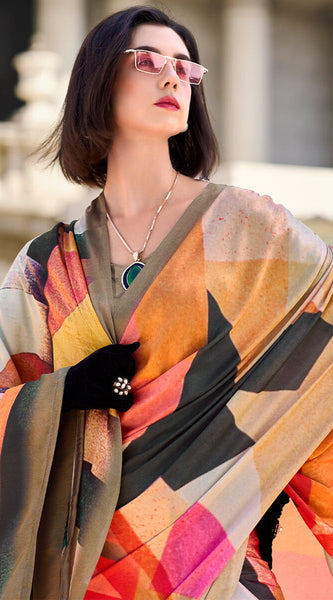 Pleasurable Multicolor Digital Printed Satin Silk Saree With Amiable Blouse Piece