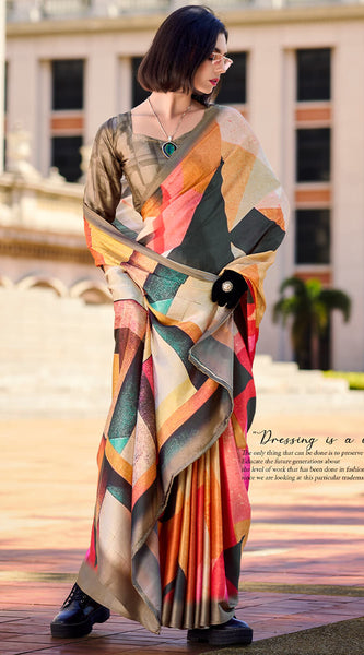 Pleasurable Multicolor Digital Printed Satin Silk Saree With Amiable Blouse Piece