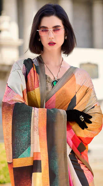 Pleasurable Multicolor Digital Printed Satin Silk Saree With Amiable Blouse Piece