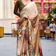 Profuse Beige and Brown Digital Printed Satin Silk Saree With Elaborate Blouse Piece