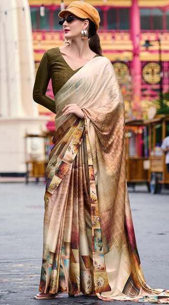 Profuse Beige and Brown Digital Printed Satin Silk Saree With Elaborate Blouse Piece