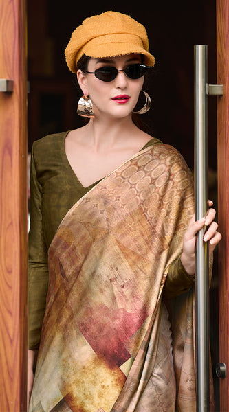 Profuse Beige and Brown Digital Printed Satin Silk Saree With Elaborate Blouse Piece