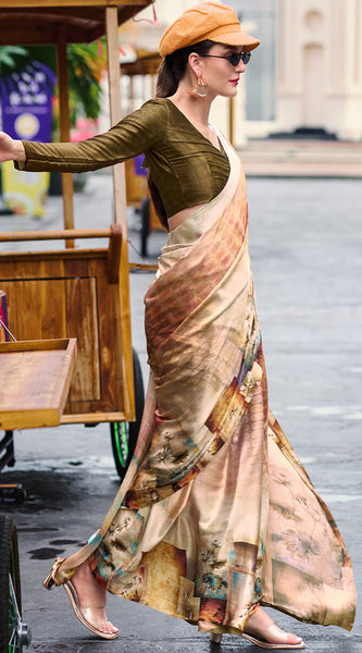 Profuse Beige and Brown Digital Printed Satin Silk Saree With Elaborate Blouse Piece