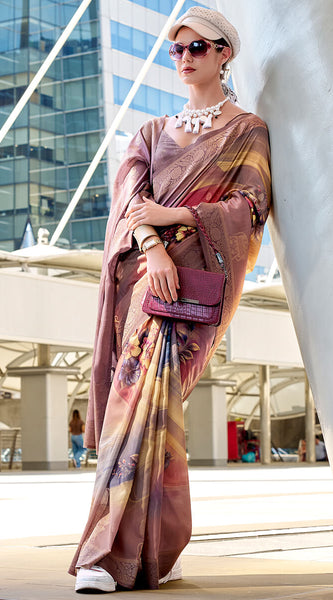 Lovely Brown Digital Printed Soft Silk Saree With Skinny Blouse Piece