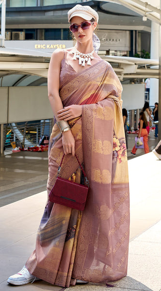 Lovely Brown Digital Printed Soft Silk Saree With Skinny Blouse Piece