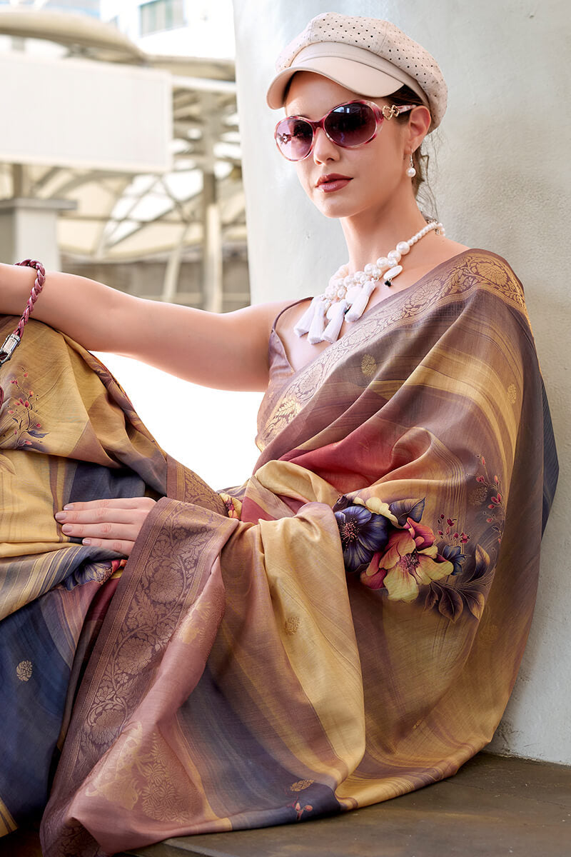 Lovely Brown Digital Printed Soft Silk Saree With Skinny Blouse Piece