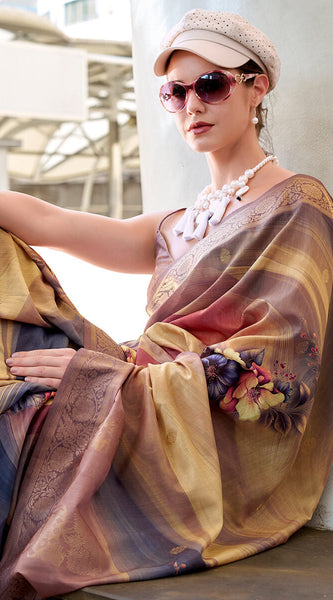 Lovely Brown Digital Printed Soft Silk Saree With Skinny Blouse Piece