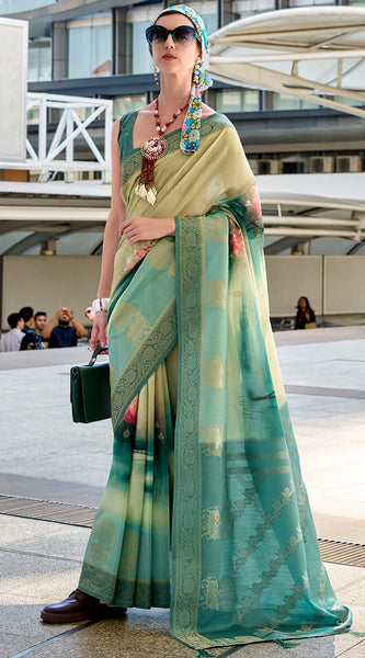 Phenomenal Sea Green Digital Printed Soft Silk Saree With Smart Blouse Piece