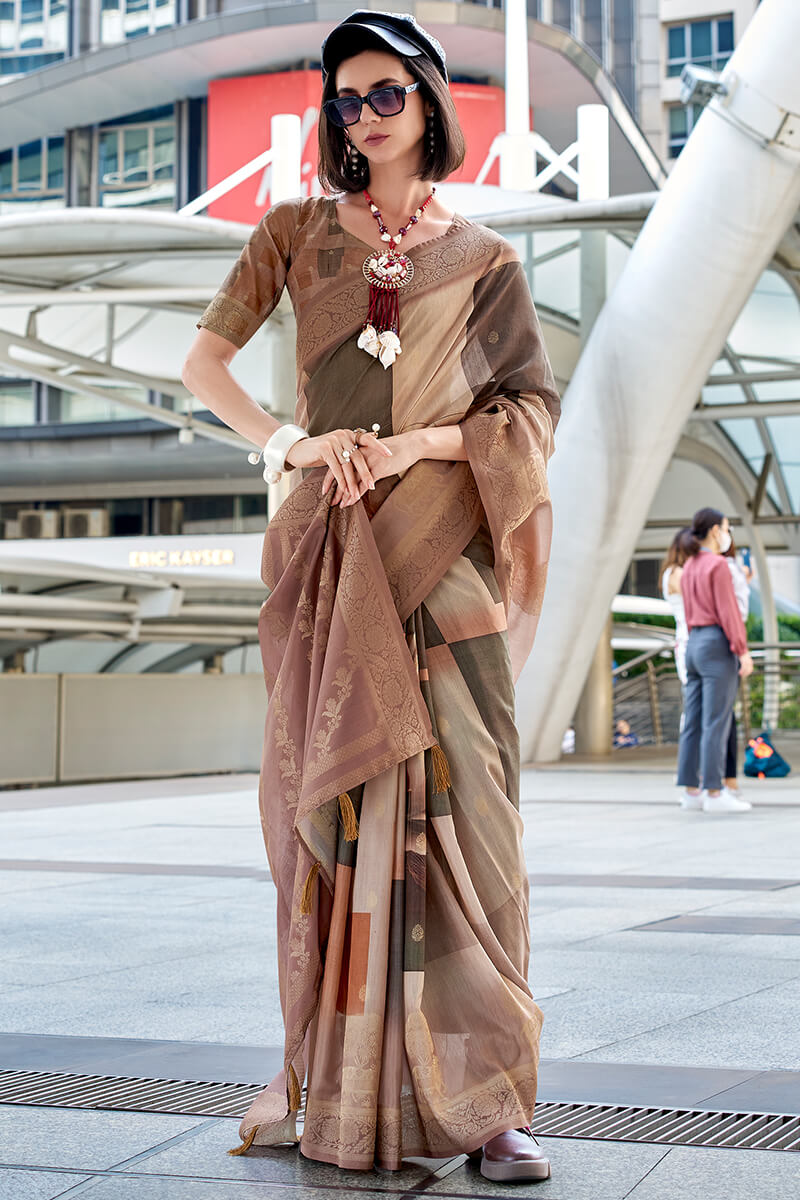 Ravishing Brown Digital Printed Soft Silk Saree With Flamboyant Blouse Piece
