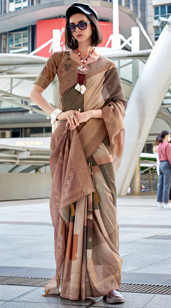Ravishing Brown Digital Printed Soft Silk Saree With Flamboyant Blouse Piece