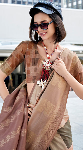 Ravishing Brown Digital Printed Soft Silk Saree With Flamboyant Blouse Piece