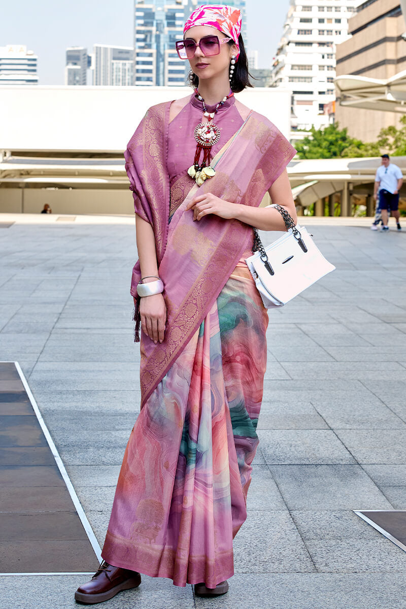 Beauteous Lavender Digital Printed Soft Silk Saree With Assemblage Blouse Piece