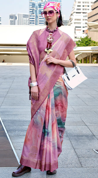 Beauteous Lavender Digital Printed Soft Silk Saree With Assemblage Blouse Piece
