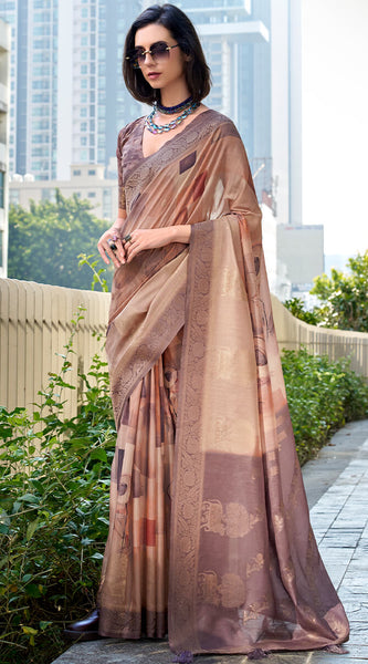 Demure Brown Digital Printed Soft Silk Saree With Forbearance Blouse Piece