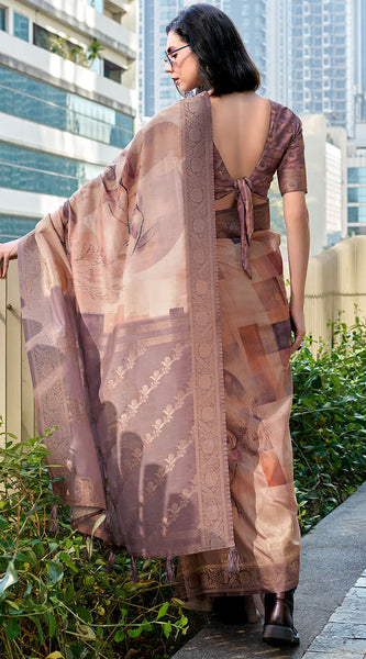 Demure Brown Digital Printed Soft Silk Saree With Forbearance Blouse Piece