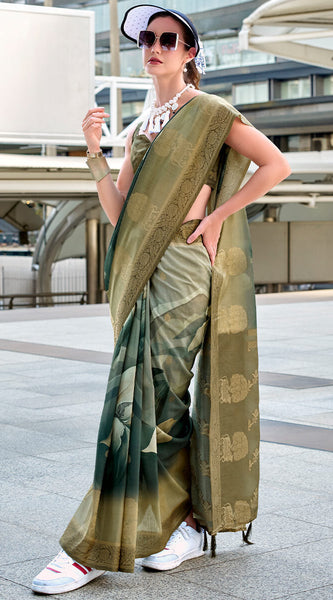 Scintilla Green Digital Printed Soft Silk Saree With Fragrant Blouse Piece