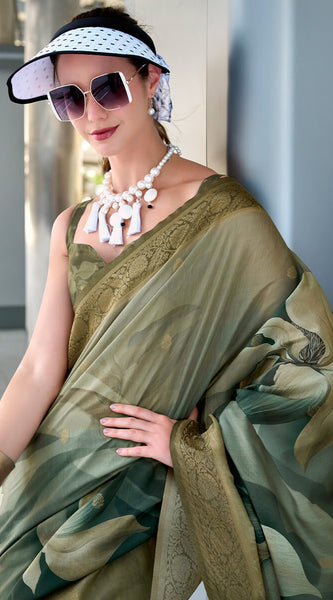 Scintilla Green Digital Printed Soft Silk Saree With Fragrant Blouse Piece
