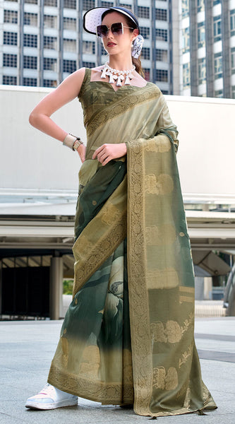 Scintilla Green Digital Printed Soft Silk Saree With Fragrant Blouse Piece
