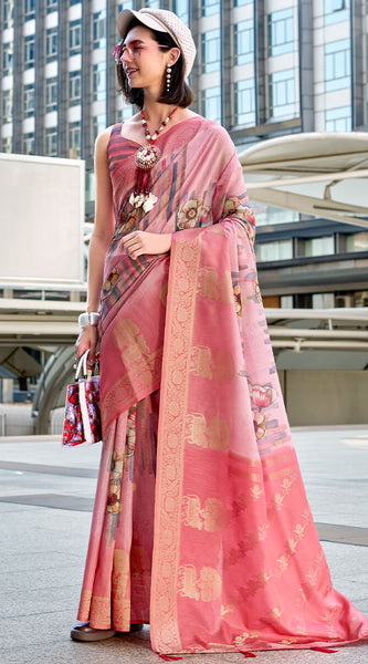 Unequalled Pink Digital Printed Soft Silk Saree With Piquant Blouse Piece