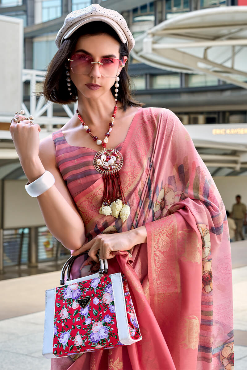 Unequalled Pink Digital Printed Soft Silk Saree With Piquant Blouse Piece