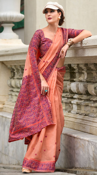 Gossamer Peach Cotton Silk Saree With Fragrant Blouse Piece