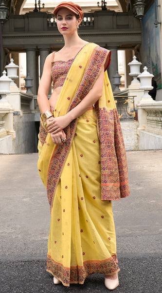 Sempiternal Yellow Cotton Silk Saree With Denouement Blouse Piece