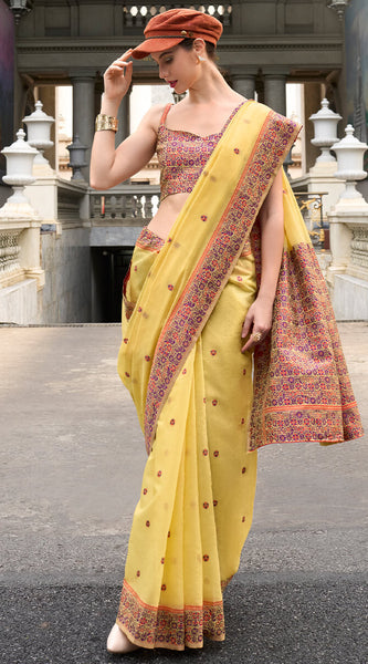 Sempiternal Yellow Cotton Silk Saree With Denouement Blouse Piece