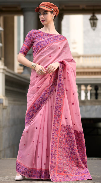 Proficient Pink Cotton Silk Saree With Piquant Blouse Piece
