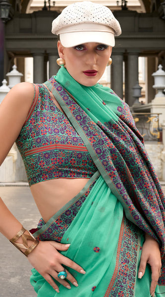Cynosure Sea Green Cotton Silk Saree With Mellifluous Blouse Piece