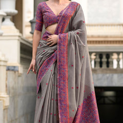 Pulsating Grey Cotton Silk Saree With Vivacious Blouse Piece
