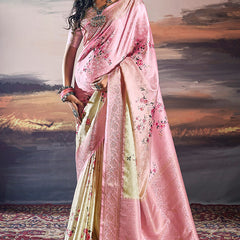 Comely Baby Pink Digital Printed Satin Silk Saree With Inimitable Blouse Piece