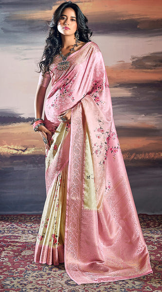 Comely Baby Pink Digital Printed Satin Silk Saree With Inimitable Blouse Piece