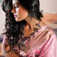 Comely Baby Pink Digital Printed Satin Silk Saree With Inimitable Blouse Piece