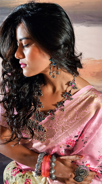 Comely Baby Pink Digital Printed Satin Silk Saree With Inimitable Blouse Piece