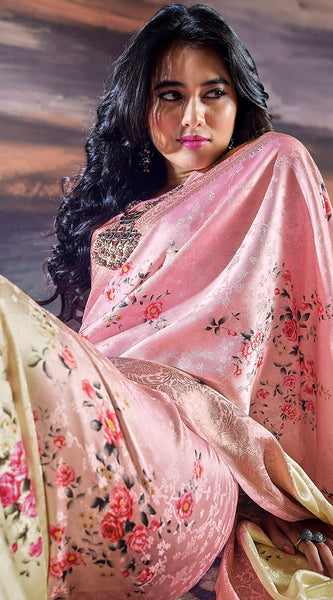 Comely Baby Pink Digital Printed Satin Silk Saree With Inimitable Blouse Piece