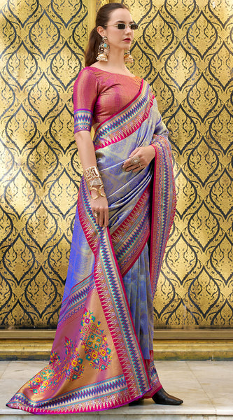 Quixotic Blue Paithani Silk Saree With Lustrous Blouse Piece
