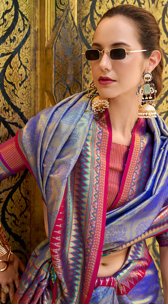 Quixotic Blue Paithani Silk Saree With Lustrous Blouse Piece