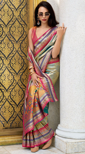 Eclat Green Paithani Silk Saree With Zephyr Blouse Piece