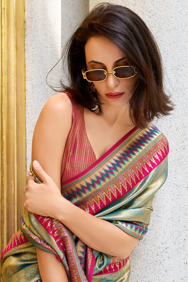 Eclat Green Paithani Silk Saree With Zephyr Blouse Piece