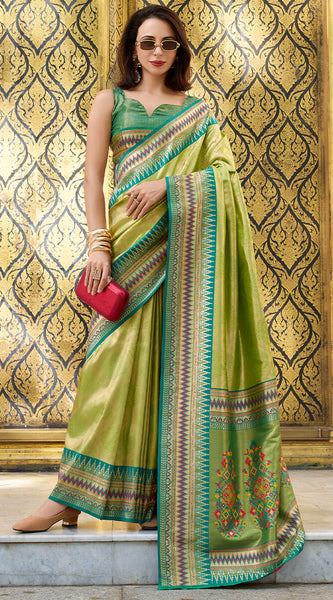 Felicitous Mehndi Paithani Silk Saree With Devastating Blouse Piece