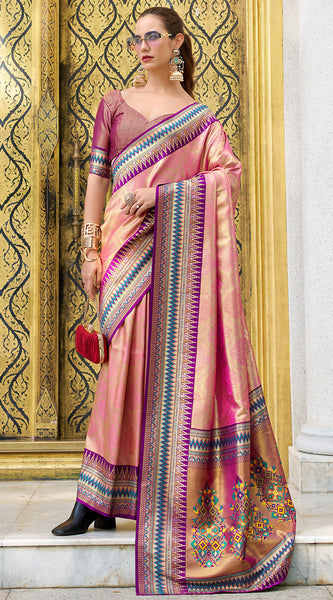 Forbearance Pink Paithani Silk Saree With Excellent Blouse Piece