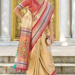 Diaphanous Beige Paithani Silk Saree With Divine Blouse Piece