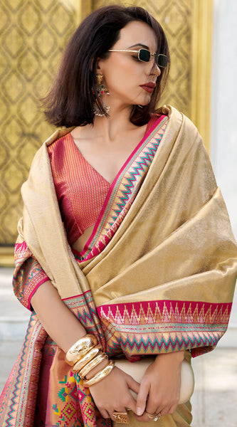 Diaphanous Beige Paithani Silk Saree With Divine Blouse Piece