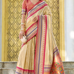 Diaphanous Beige Paithani Silk Saree With Divine Blouse Piece