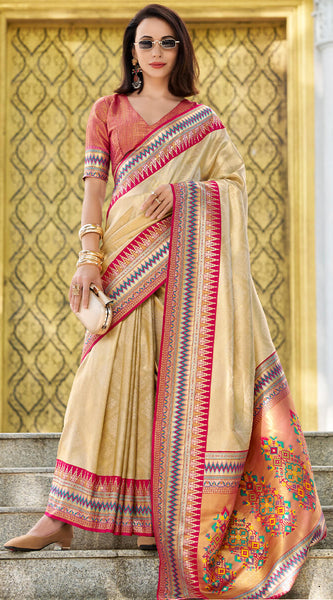 Diaphanous Beige Paithani Silk Saree With Divine Blouse Piece