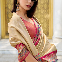 Diaphanous Beige Paithani Silk Saree With Divine Blouse Piece