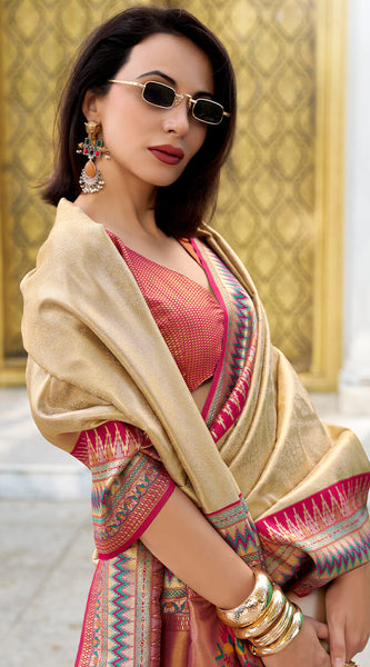 Diaphanous Beige Paithani Silk Saree With Divine Blouse Piece