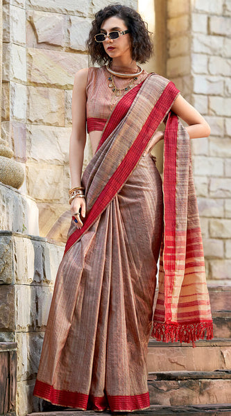 Staring Brown Cotton Silk Saree With Appealing Blouse Piece