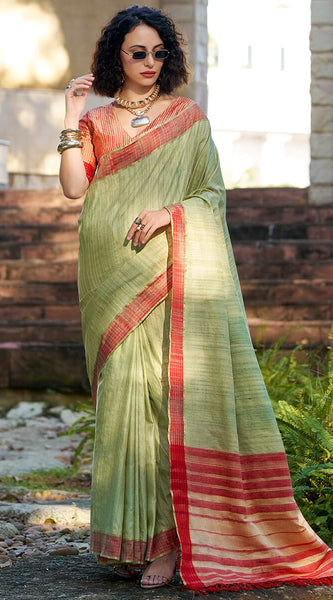 Arresting Pista Cotton Silk Saree With Prominent Blouse Piece